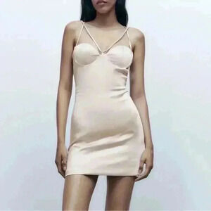 Zara Pearl/champagne color Strappy Mini Dress Sz L NWT Sexy Cocktail Holiday